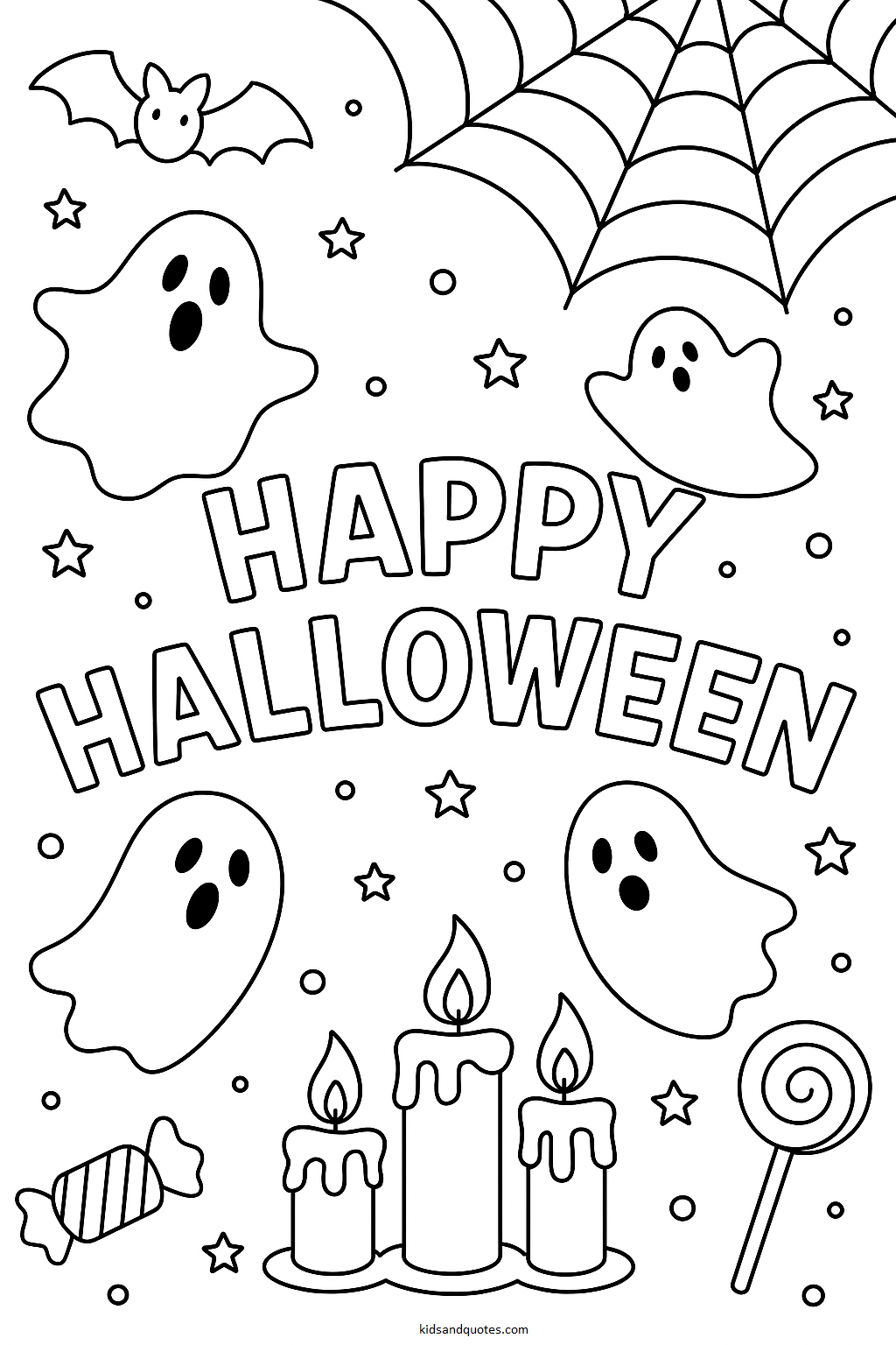 Printable Halloween coloring page with the words “Happy Halloween” in bold letters, surrounded by ghosts, bats, spider webs, stars, candy, and three candles outlined with thick black lines and large open spaces for kids to color easily.