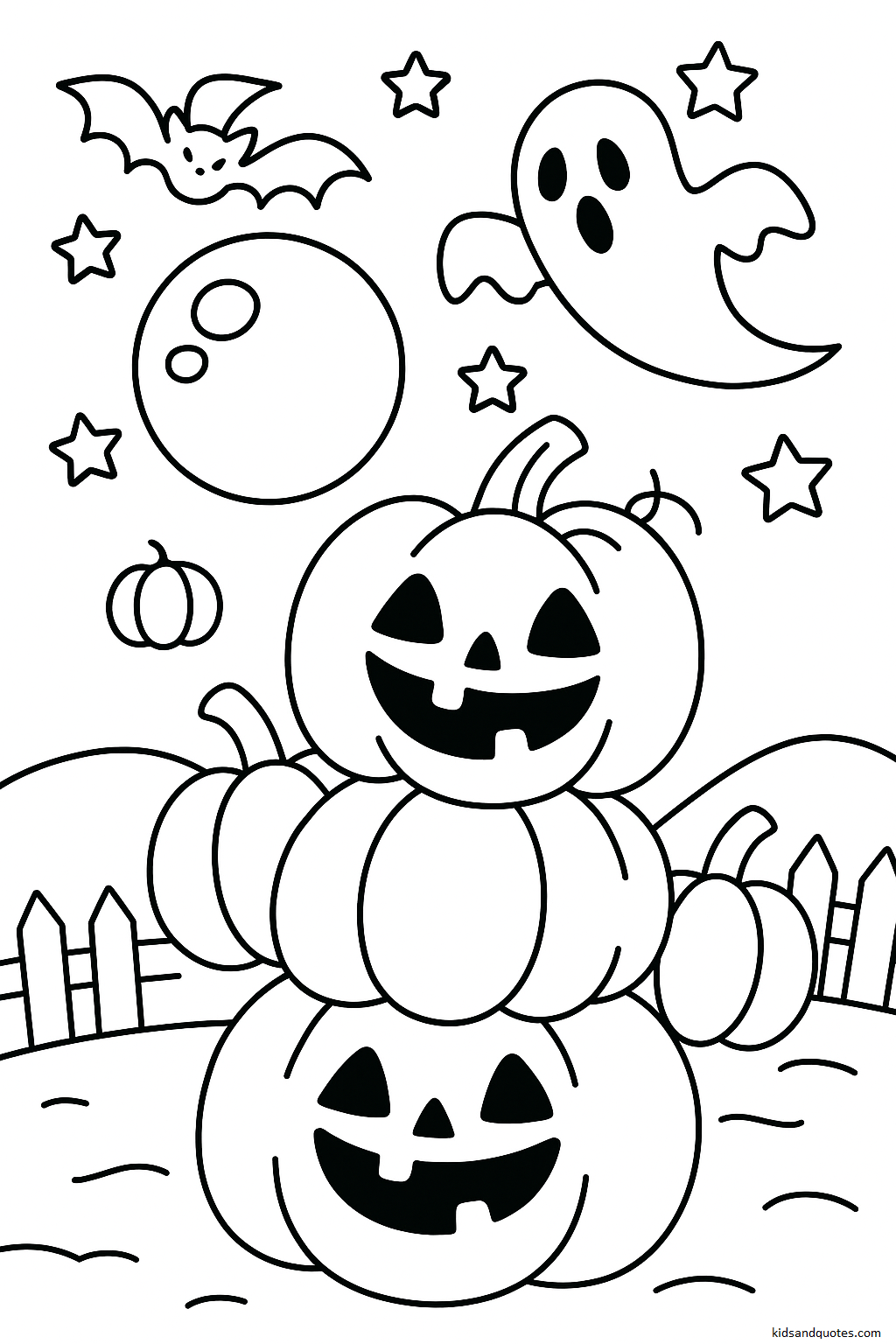 Jack-o'-lantern, bats, and spirits - free printable Halloween coloring page