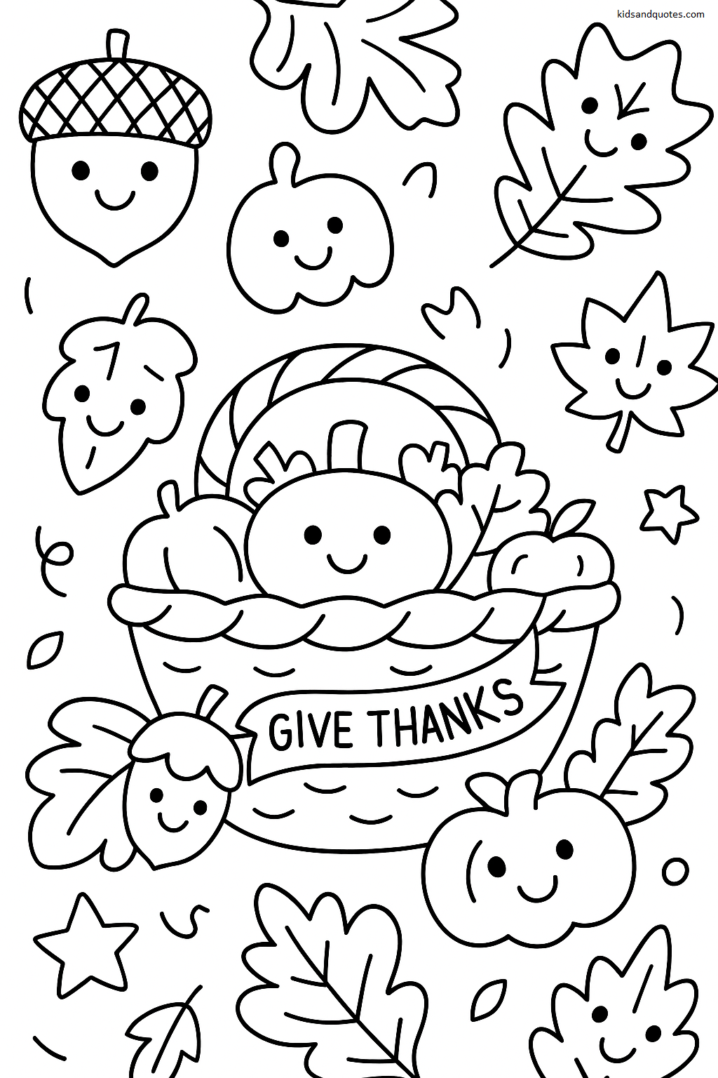 A repeating fall-themed design featuring cute acorns, oak leaves, and maple leaves with simple smiling faces.