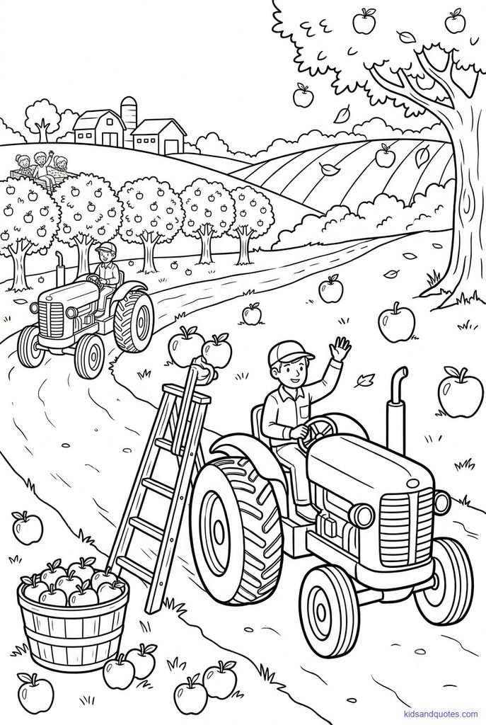 Thanksgiving coloring page of a ladder against a tree, a full basket, and apples everywhere.