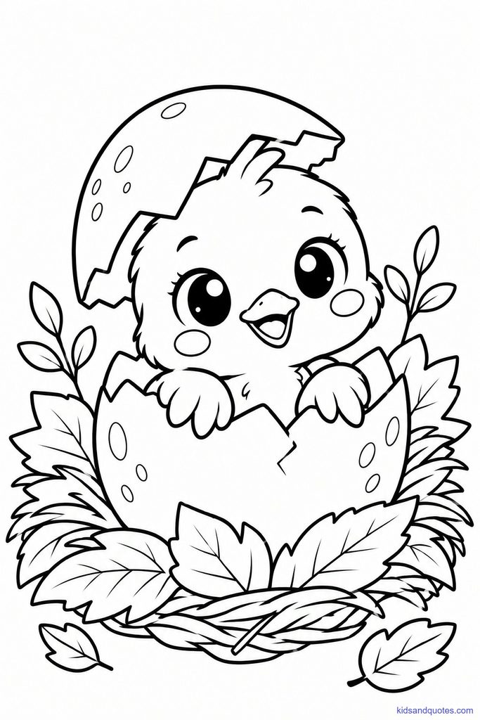 Free Thanksgiving coloring page PDF: Baby turkey hatching from an egg in a leaf nest.