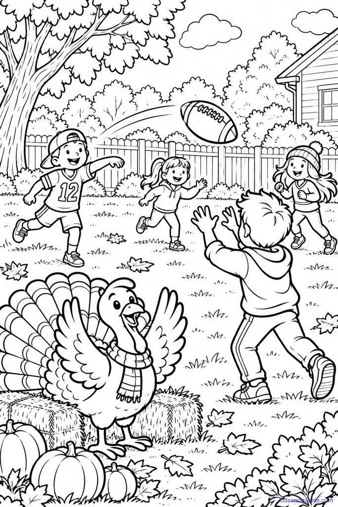 Coloring page: kids tossing a ball, with a turkey cheering on the sidelines.