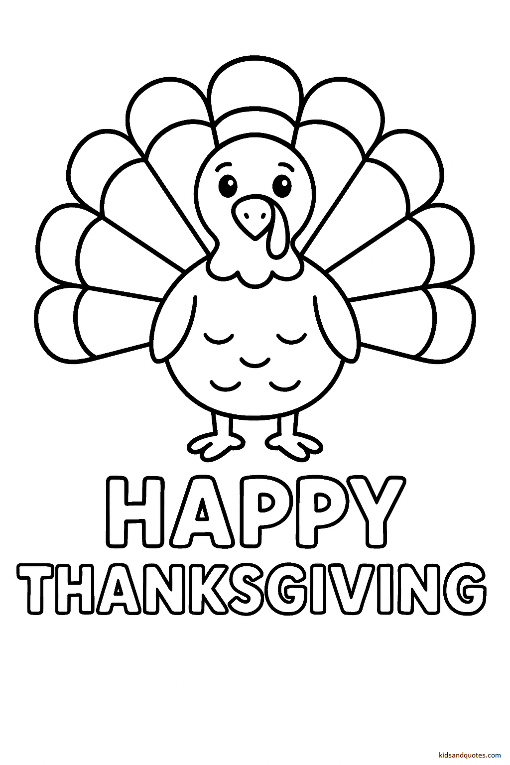 A large, friendly turkey with wide feathers and a cute face, standing in the center with “Happy Thanksgiving” written below.