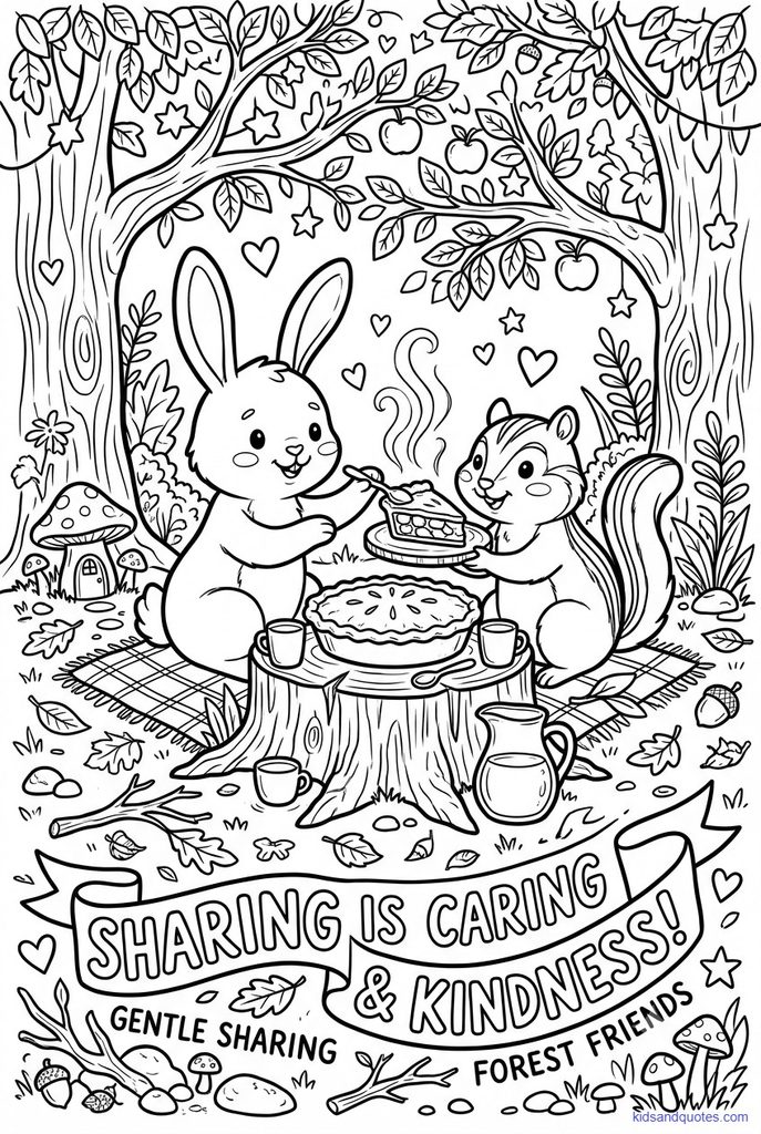 Coloring page of a gentle sharing-and-kindness page.