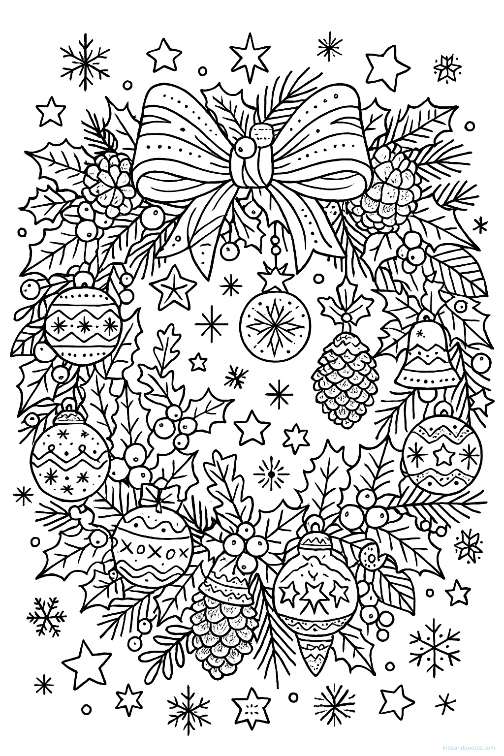 Detailed Christmas wreath coloring page with pine branches, pinecones, jingle bells, holly leaves, ribbons, stars, berries, and snowflakes.