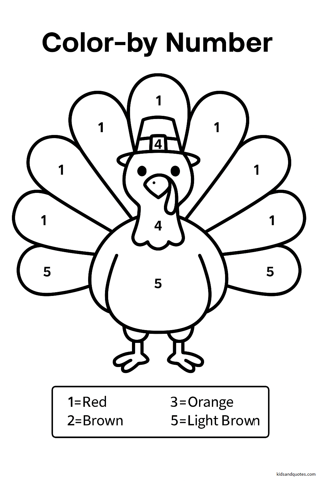 A basic turkey divided into large sections labeled with numbers 1–5, each representing a color. 