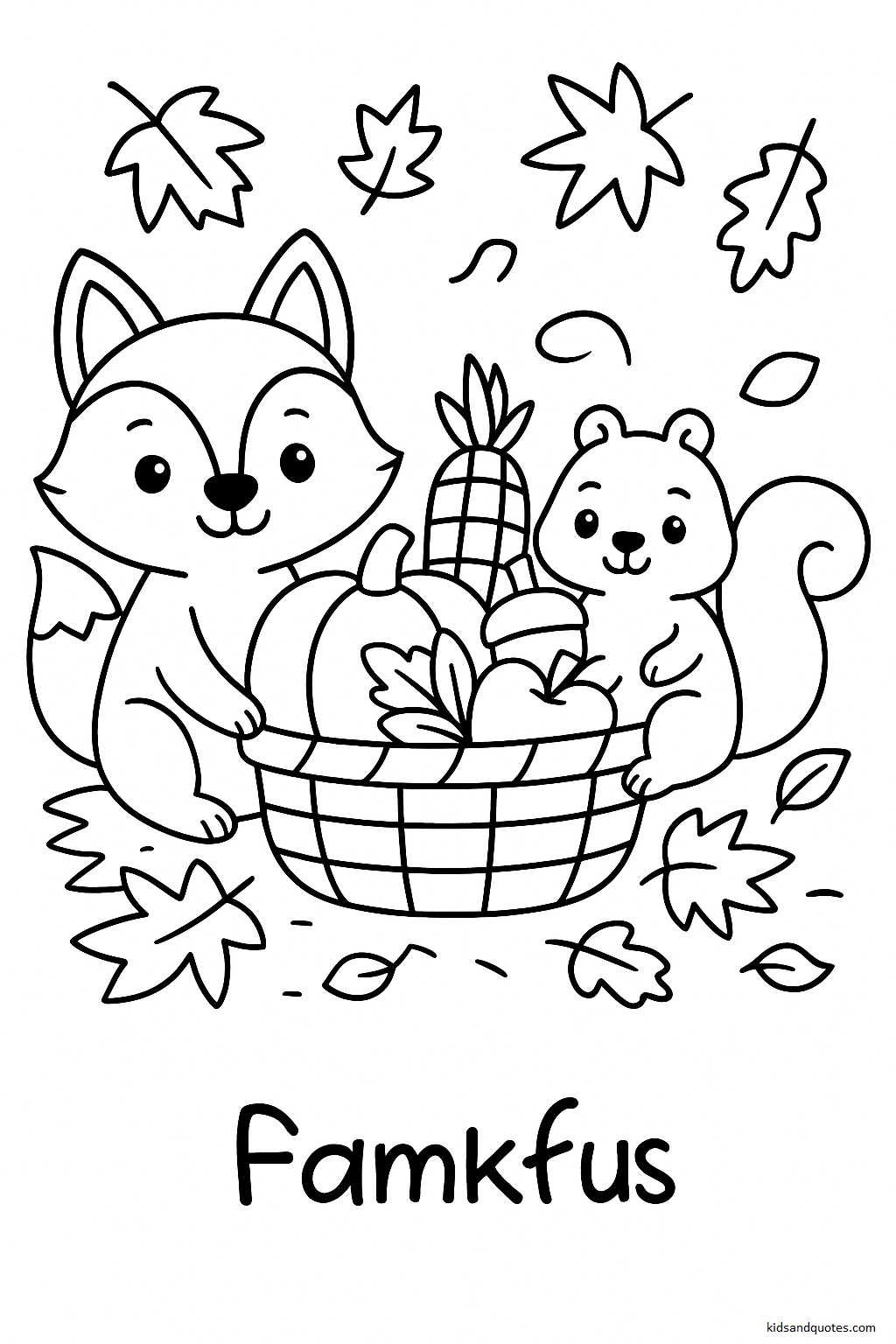 A smiling fox and squirrel sitting beside a big basket of vegetables — pumpkins, carrots, and corn.
