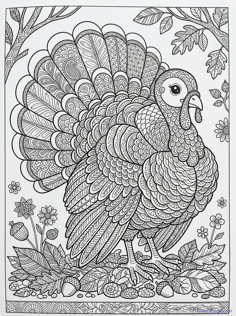 Coloring page: every feather has a different pattern to fill in, with zentangle-style detail.
