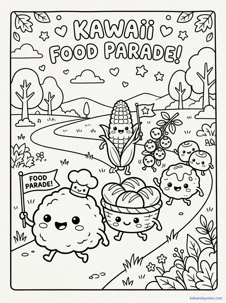 Mashed potatoes, rolls, corn, and cranberries with smiley faces, marching in a line.