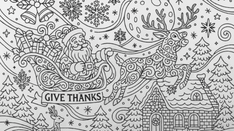 Black-and-white detailed Christmas coloring page featuring Santa Claus in his sleigh filled with presents, flying through the night sky led by reindeer over a snowy cottage and pine trees, with swirling snowflakes and festive bells decorating the scene.