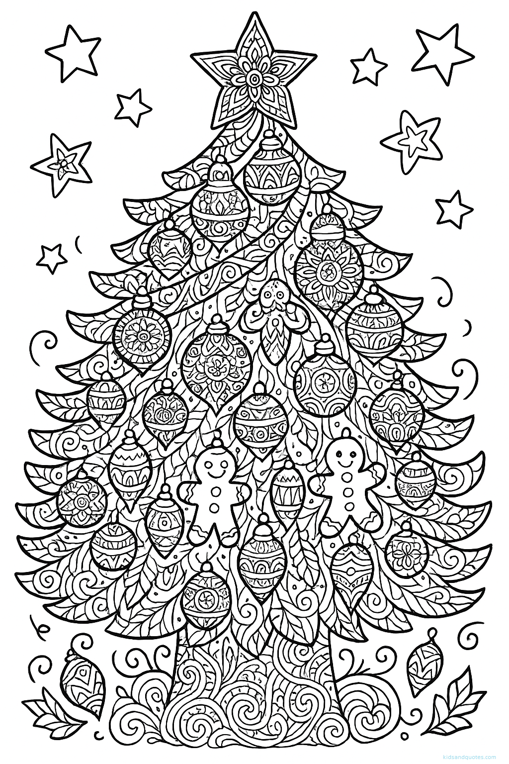 Highly detailed Christmas coloring page featuring a decorated Christmas tree filled with mandala-style ornaments, ribbons, baubles, garlands, gingerbread shapes, and stars. Intricate patterns, elegant swirls, adult-friendly complexity, black-and-white line art, thick outlines, no grayscale.