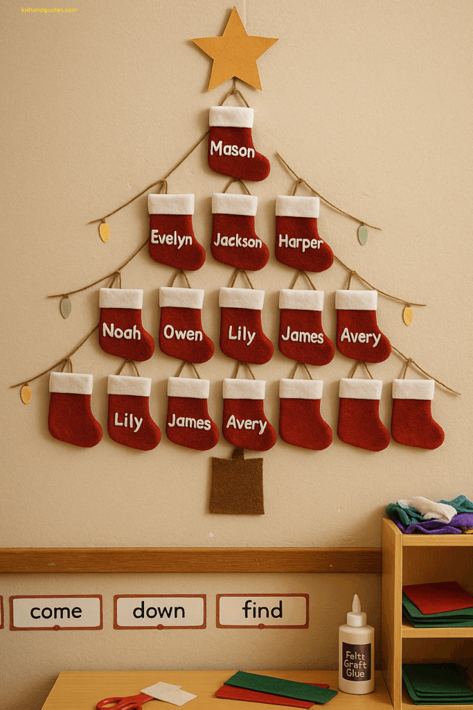 DIY Stocking Tree - Christmas classroom decoration idea.