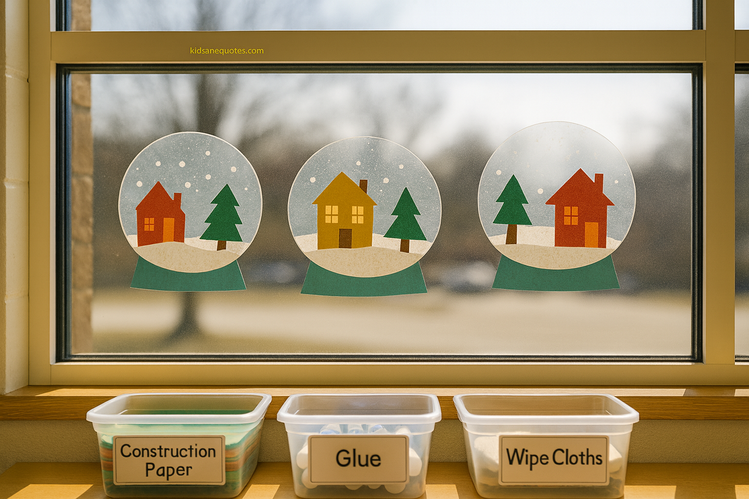 Handmade paper snow globe crafts displayed on a preschool classroom window, each showing colorful cutout houses, trees, and snowy scenes, with labeled bins of construction paper, glue, and wipe cloths on the windowsill in natural daylight.