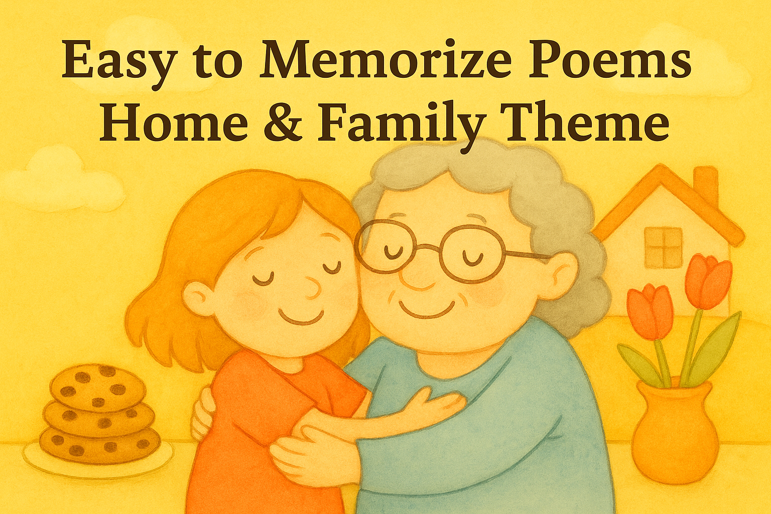 A warm watercolor-style illustration showing a smiling young girl hugging her grandmother in a cozy home setting. The grandmother has gray hair and glasses, and the girl has light brown hair. They stand in front of a yellow background with tulips in a vase, a stack of cookies, soft fluffy clouds, and a small house. Above them, the text reads: “Easy to Memorize Poems Home & Family Theme.