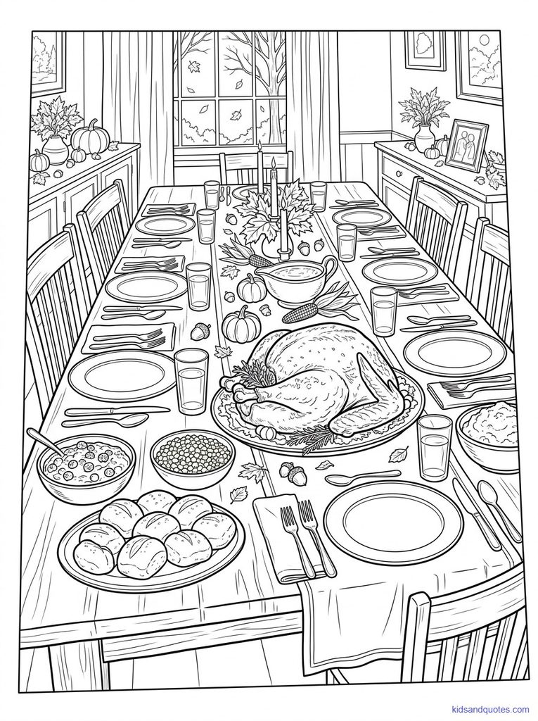 Free coloring page: turkey, rolls, cranberry sauce, and corn on a long, set table.