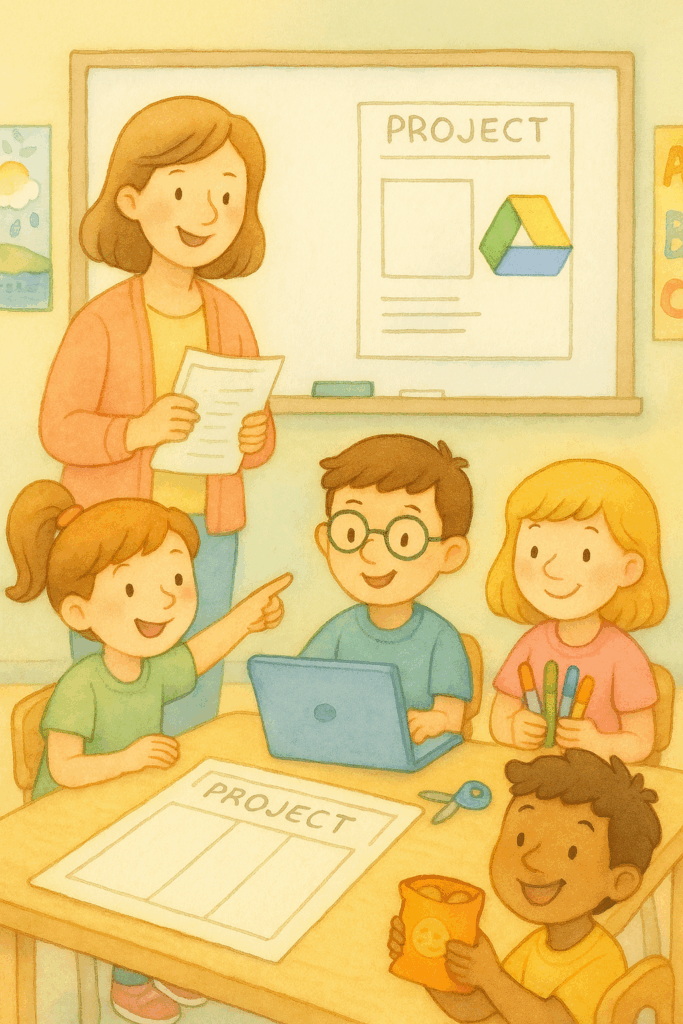 Four kids (two girls and two boys) form a group at desks: girl with ponytail excitedly pointing, boy with glasses opening Chromebook, girl holding markers, boy with snack bag grinning. Classroom decorated with posters, tri-fold poster boards, Google Slides icon on screen. Lighthearted, school-friendly, cheerful mood.