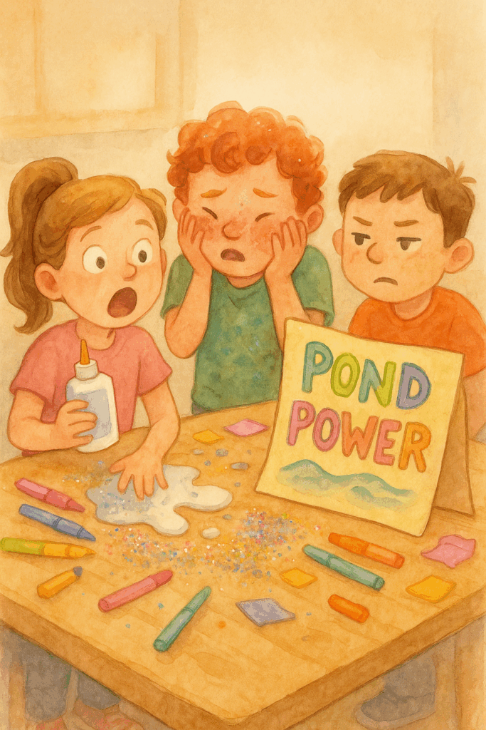 Funny watercolor scene in soft pastel shades. Kitchen table covered in craft supplies: glitter explosion, glue puddles, warped poster board, neon markers, sticky notes. Girl holding glue bottle with shocked face, boy rubbing glitter off cheeks, another kid squints at neon title ‘POND POWER.’