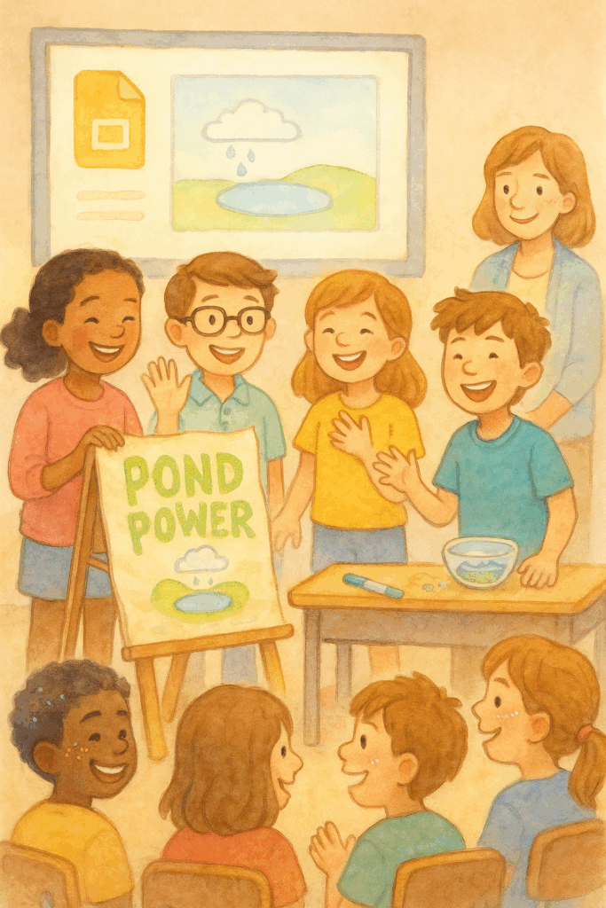 Warm watercolor scene in school classroom. Four kids confidently presenting: warped poster board on easel, Google Slides on screen (bright but toned down), small bowl demo on table. Kids gesturing, laughing, explaining. Classmates smiling, some with glitter still on their faces.