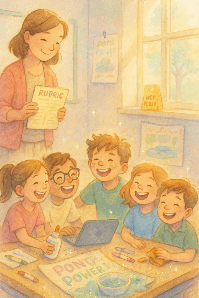 Soft watercolor illustration with pastel tones. After-presentation moment: kids sitting together laughing, still sparkly from glitter. Teacher holding rubric, smiling warmly. Wet floor sign in corner from earlier spill, poster drying nearby. Sunlight through classroom window, calm, proud, joyful mood. Slight magical sparkle effect.