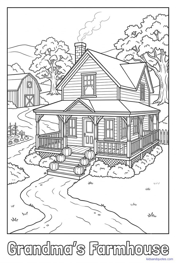 Coloring page: chimney smoke, a wraparound porch, and a pumpkin on every step.