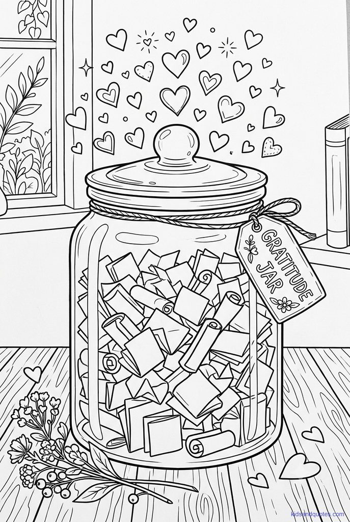 Thanksgiving coloring page: a big glass jar with paper slips and hearts floating above it.