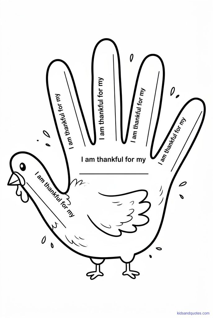 Coloring page of a hand outline where each finger feather gets one thing to be thankful for.