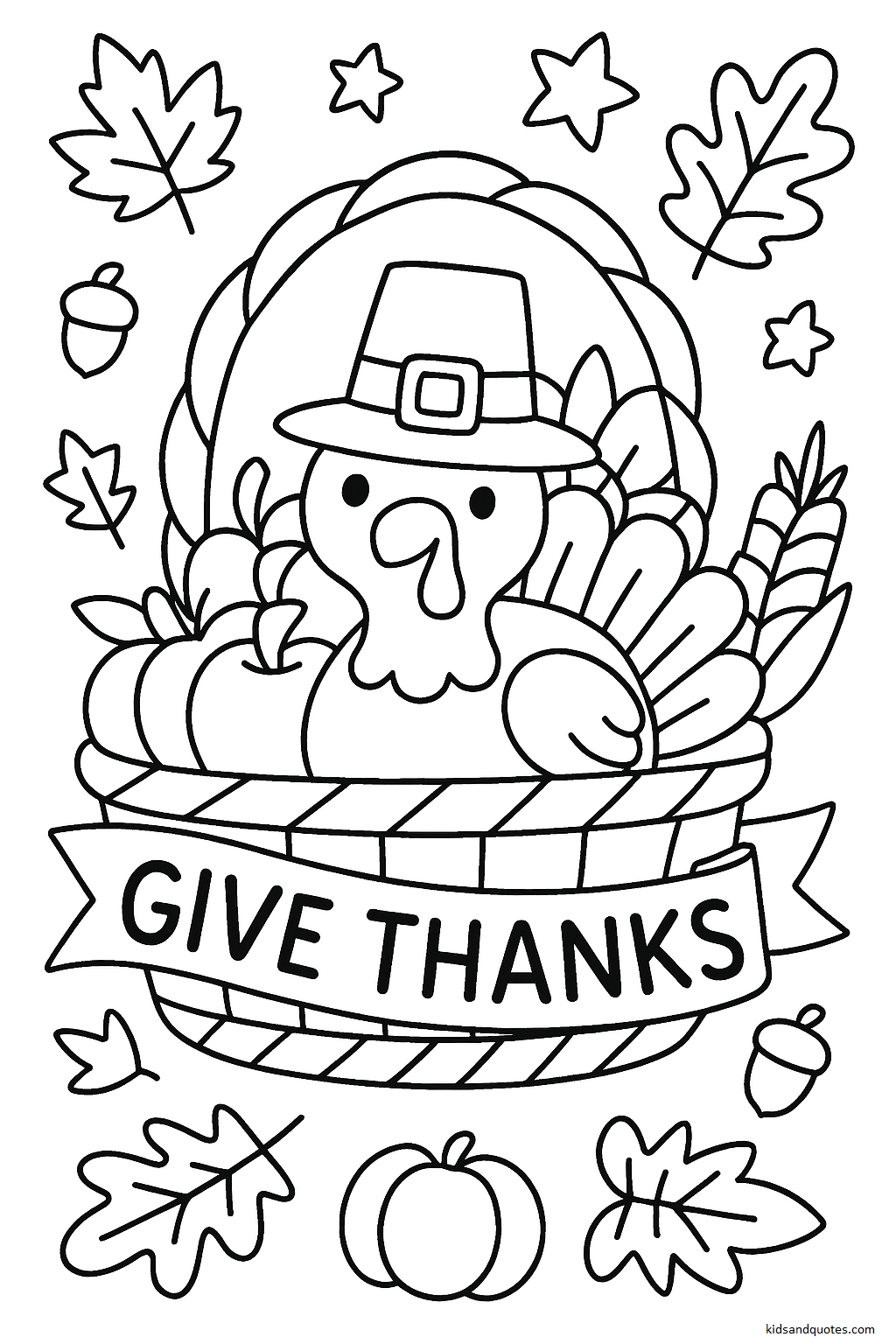 A woven basket filled with apples, mini pumpkins, and sunflowers, with “Give Thanks” written on a banner draped across the handle.