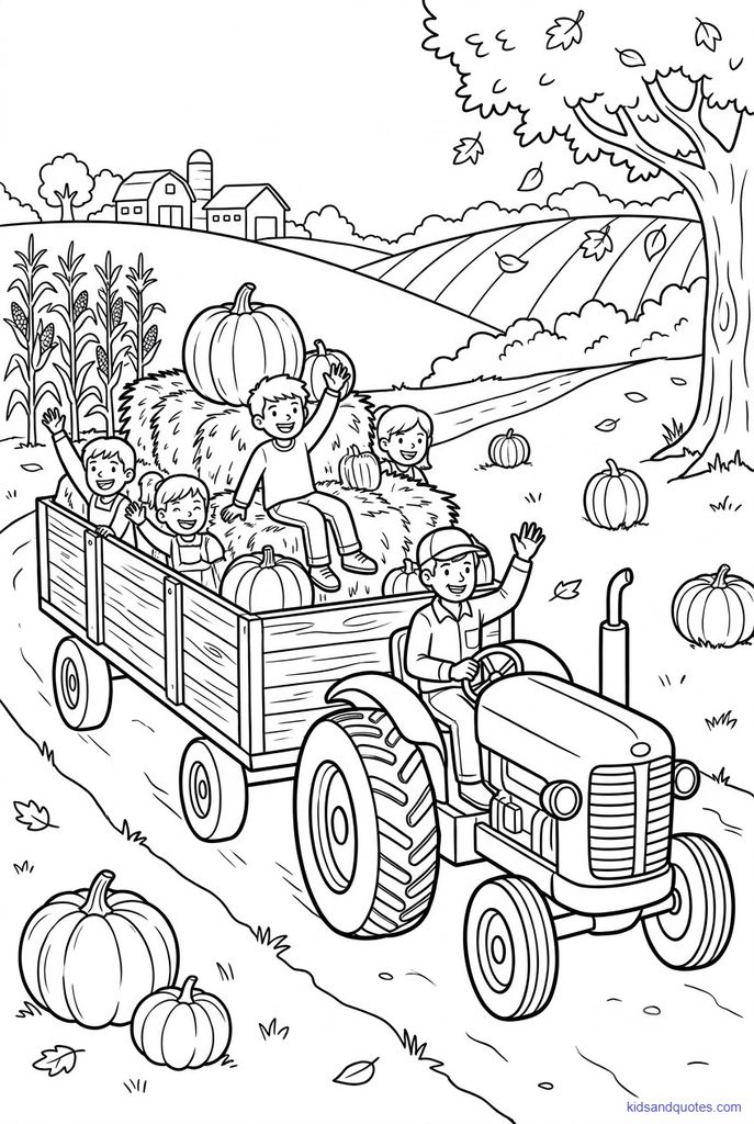Coloring page of a tractor pulling a wagon full of pumpkins and waving kids.