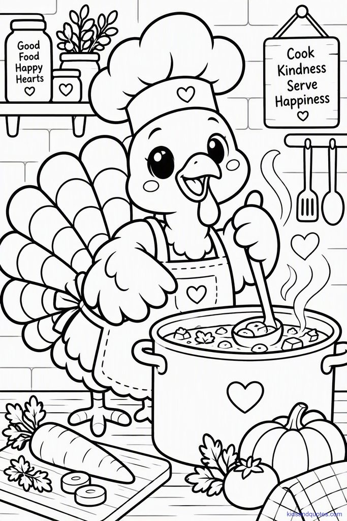 Coloring page of a chef turkey hat and apron, stirring a giant pot with a ladle.