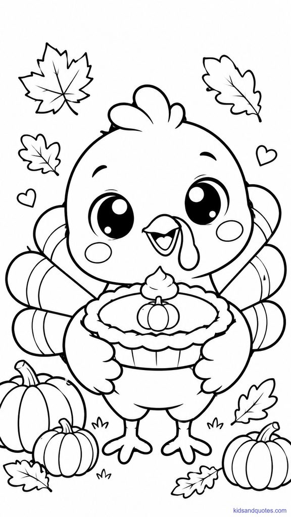 Thanksgiving coloring page of a Kawaii turkey with rosy cheeks holding a pumpkin pie.