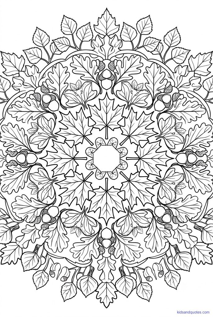 Coloring page of a symmetrical design of maple, oak, and birch leaves for calm coloring.