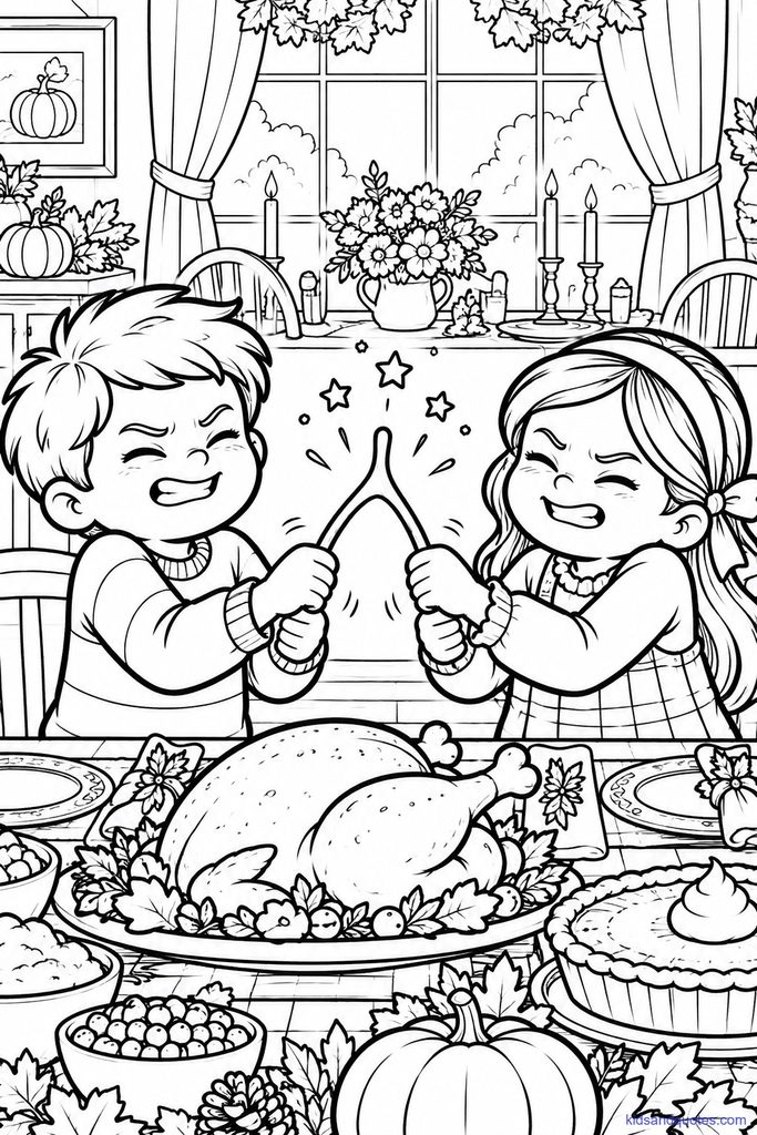 Coloring page of two kids each holding one end of a wishbone, eyes squeezed shut, with little stars and sparkles floating above. A set table sits in the background.