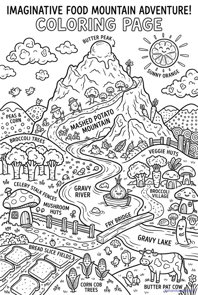 Thanksgiving coloring page of a silly, imaginative food scene.