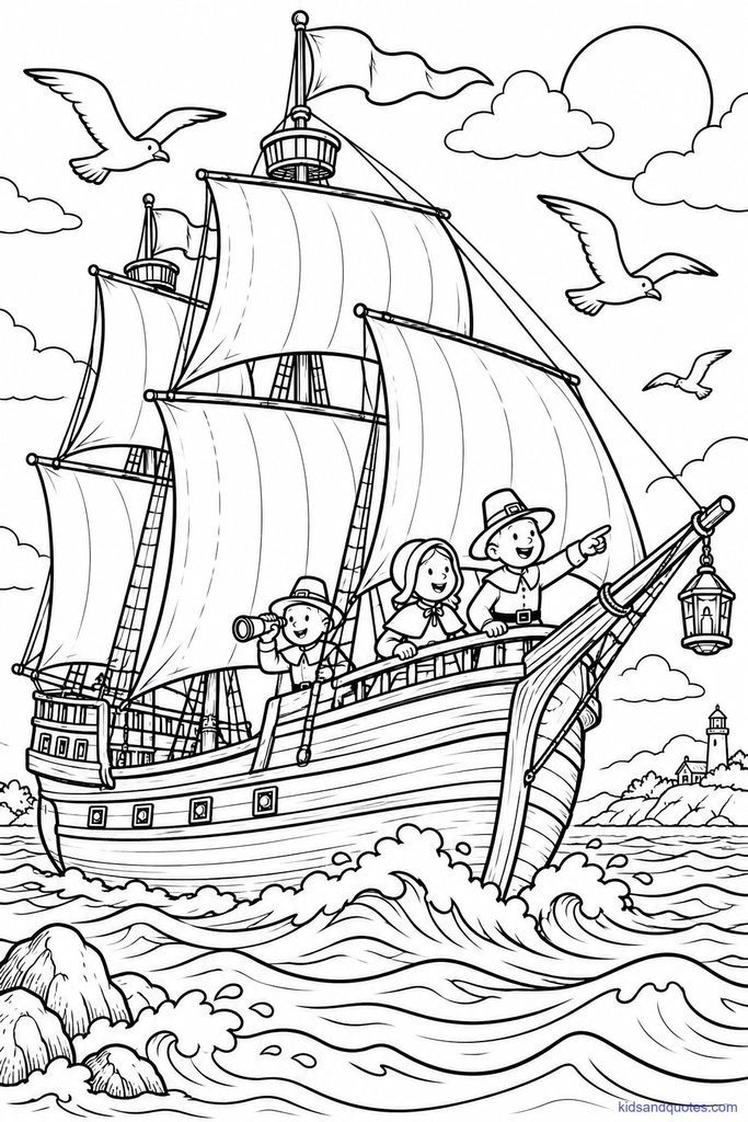 A simple, friendly ship with waves, seagulls, and a lantern.