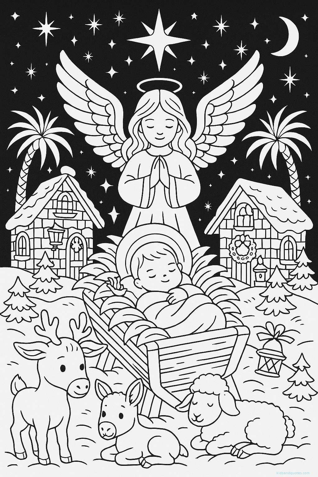 Detailed Christmas nativity coloring page showing manger scene, baby in cradle, angel wings, star of Bethlehem, peaceful animals, palm trees, lanterns, moon, and glowing halo effects.