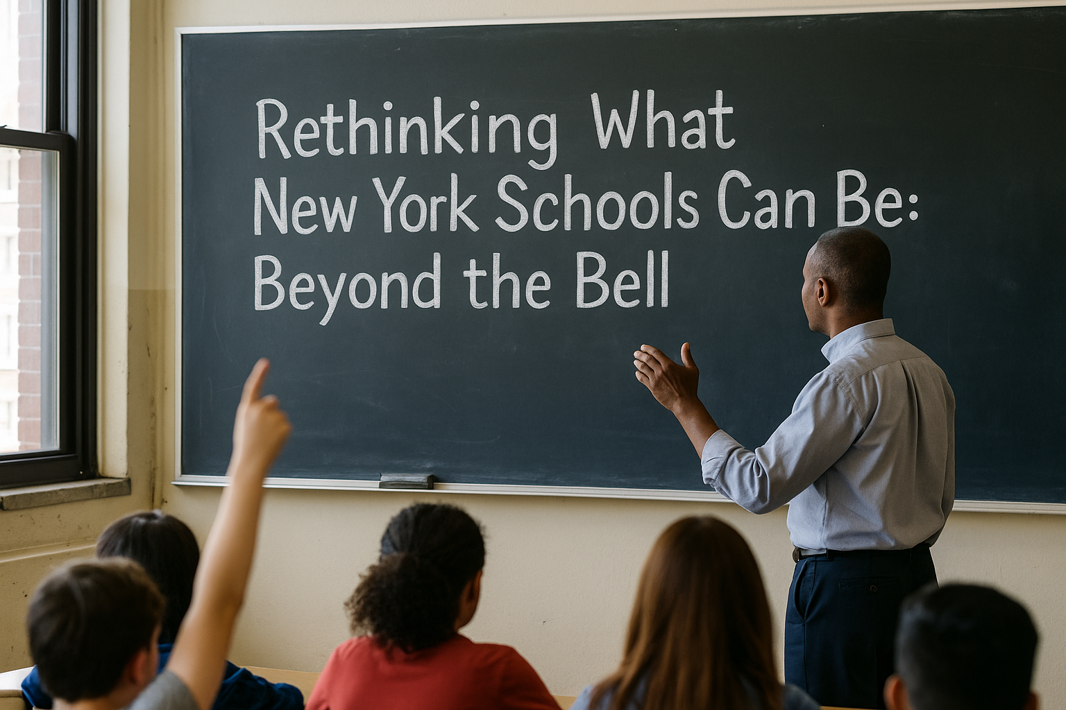 A teacher stands at the front of a New York City classroom, facing a chalkboard that reads “Rethinking What New York Schools Can Be: Beyond the Bell,” while diverse students seated at their desks listen and raise their hands under soft daylight from the window.