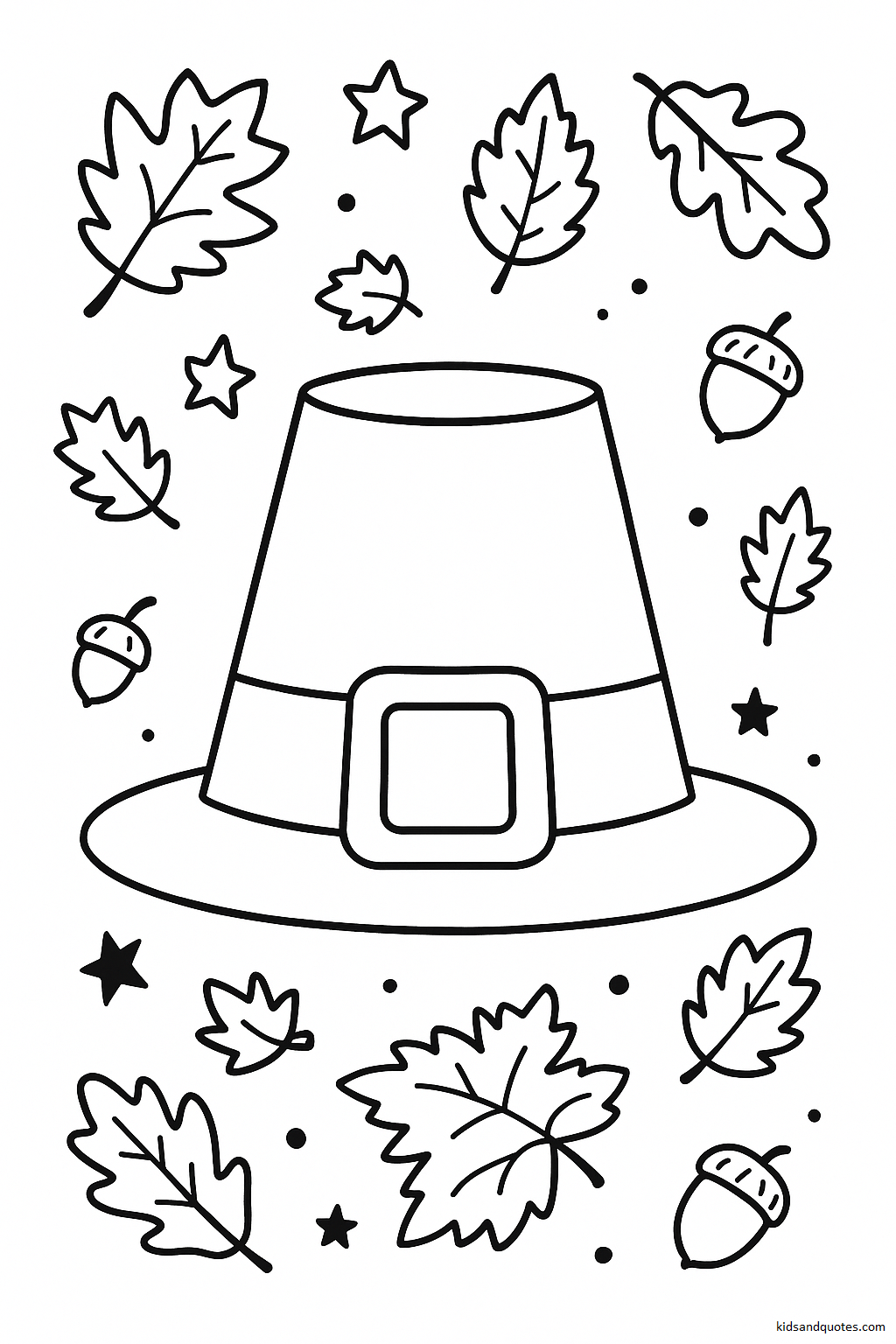 A big, friendly pilgrim hat decorated with a buckle and surrounded by floating autumn leaves, acorns, and little stars.