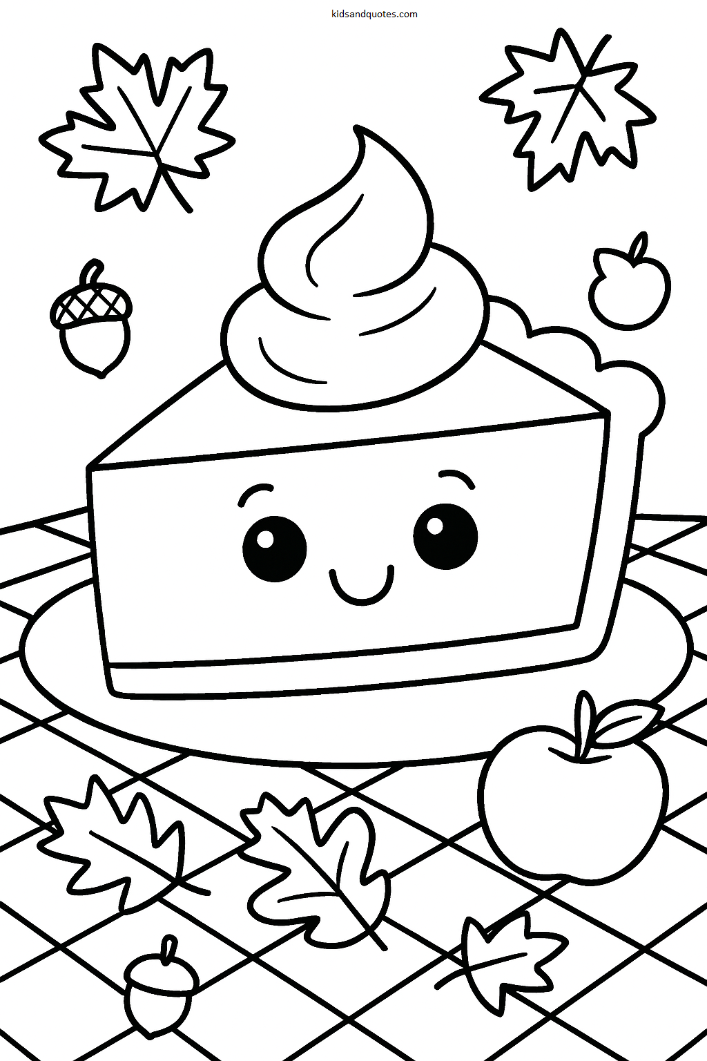 A big, smiling slice of pumpkin pie topped with a swirl of whipped cream, set on a checkered tablecloth. Small harvest items like acorns, apples, and fall leaves around it.