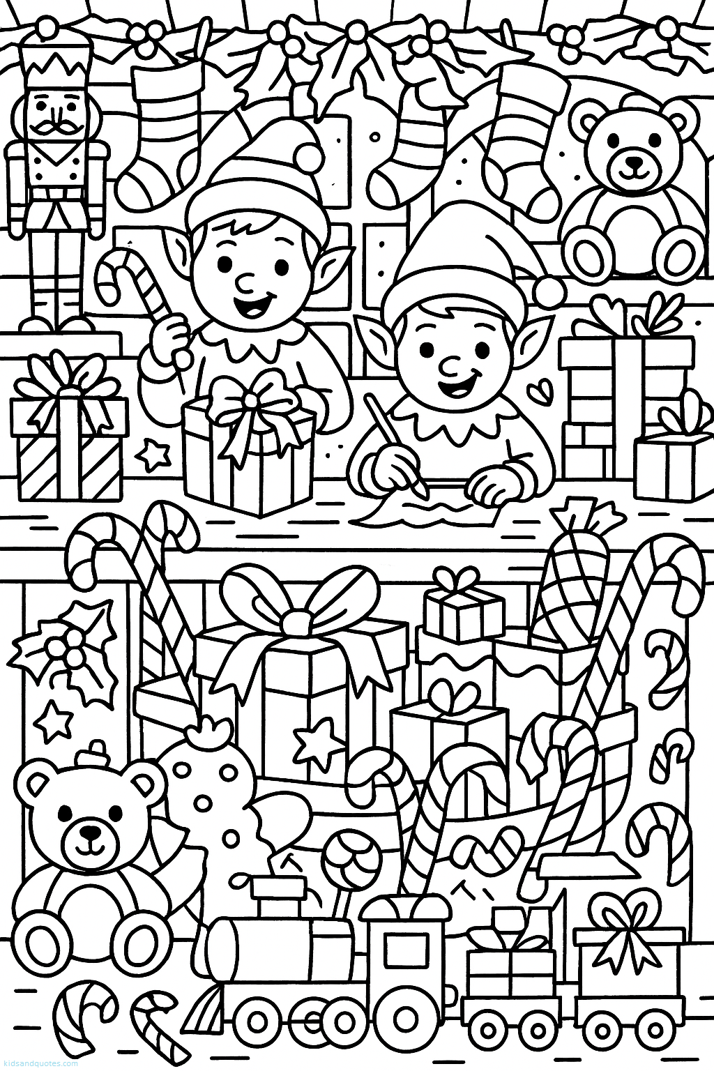 Detailed coloring page with toy train, teddy bears, nutcracker, candy canes, elves wrapping presents, gift boxes, wooden shelves, stockings, and snow-covered windows. Clean detailed line art, plenty of festive designs.