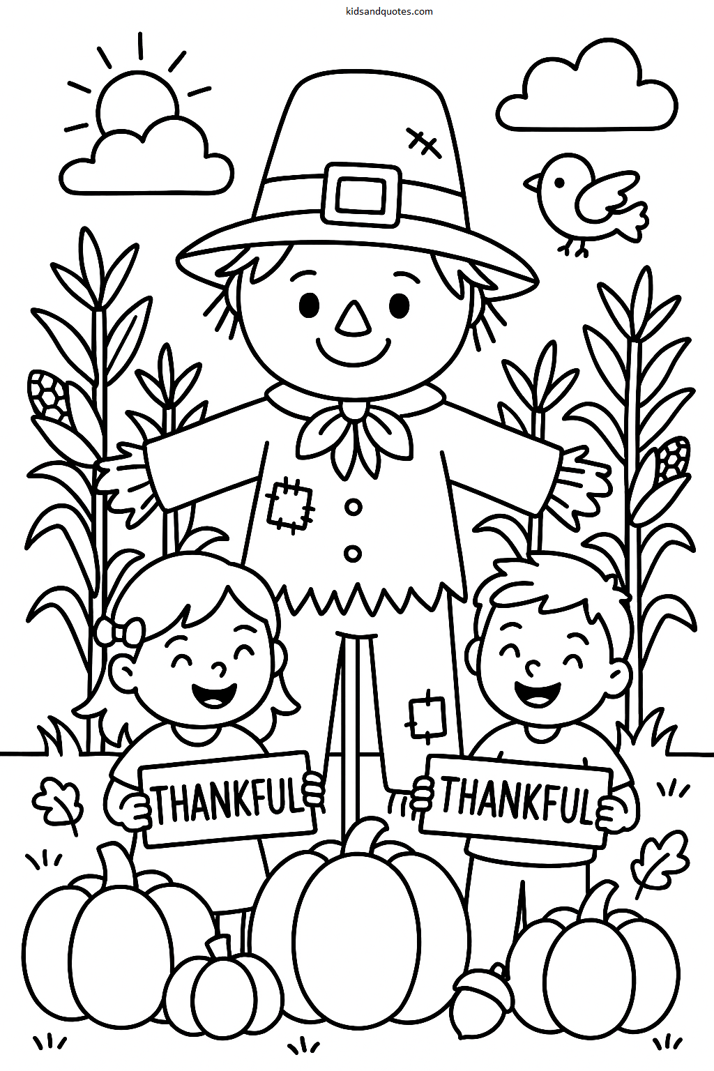 A friendly scarecrow standing between two cheerful kids holding “Thankful” signs, surrounded by corn stalks and pumpkins.