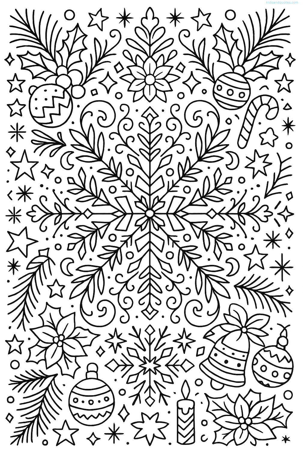 Christmas mandala coloring printable with large snowflake at center, surrounded by symmetrical winter patterns: icy swirls, holly, stars, poinsettias, pine branches, ornaments, and geometric doodles. Highly detailed, adult mandala style.