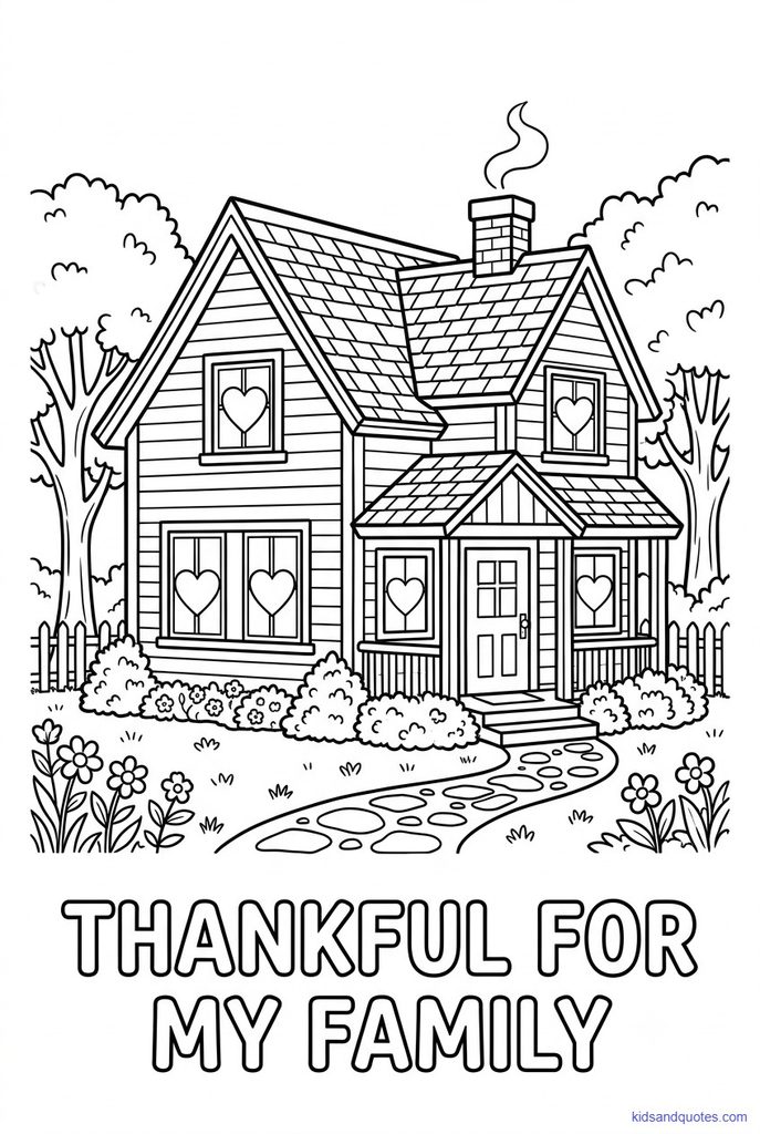 Coloring page of a cozy house with blank hearts in the windows for names.