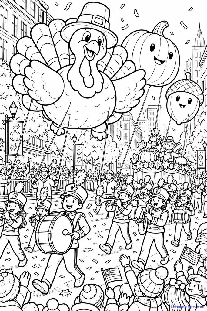 Thanksgiving coloring page: giant balloon characters, a marching band, and a crowd waving flags.
