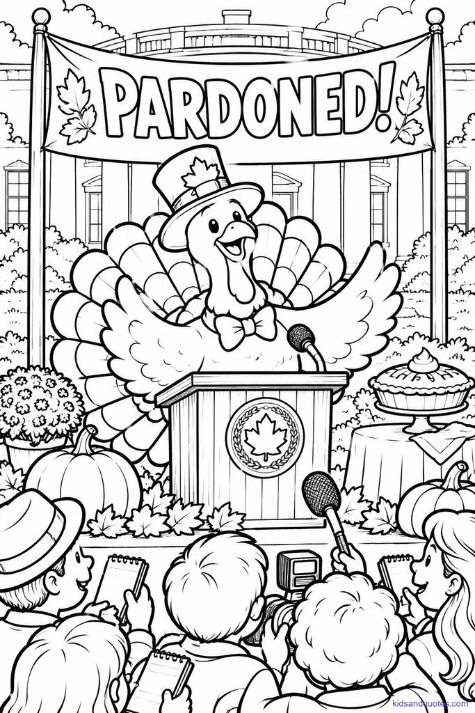 Coloring page of  a very proud cartoon turkey standing at a little podium with a microphone and a "Pardoned!" banner. A few reporters hold up notepads, and a pumpkin pie sits nearby.
