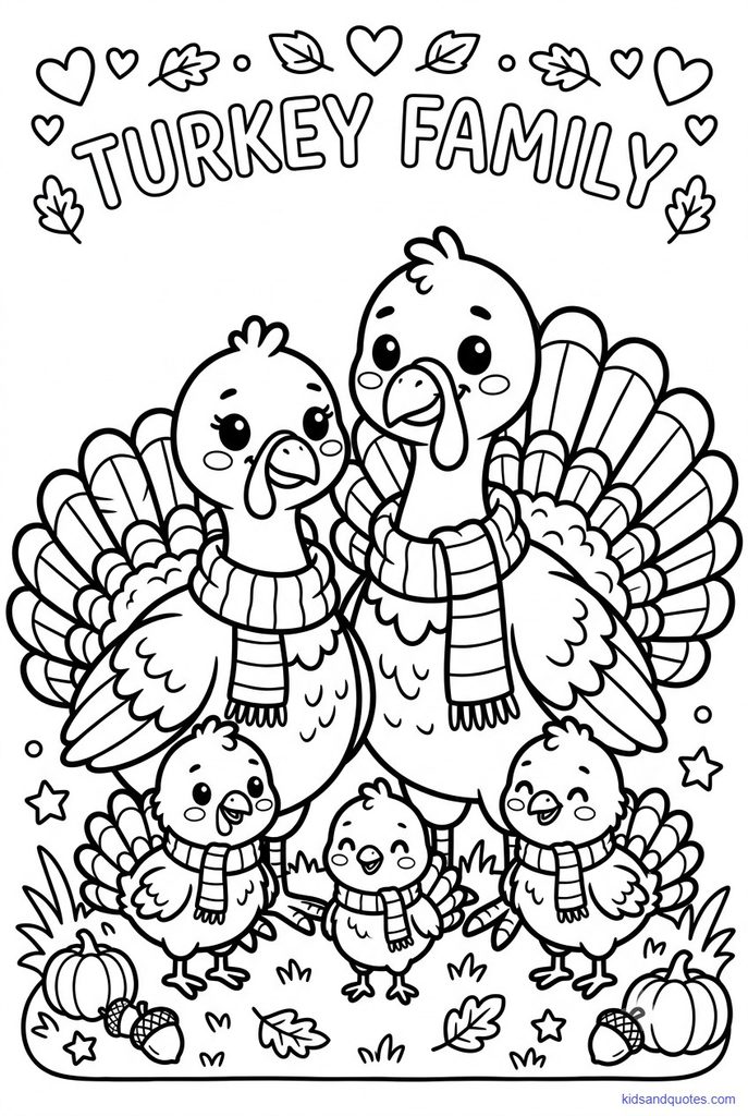 Coloring page: mama, papa, and three little chicks in matching scarves.