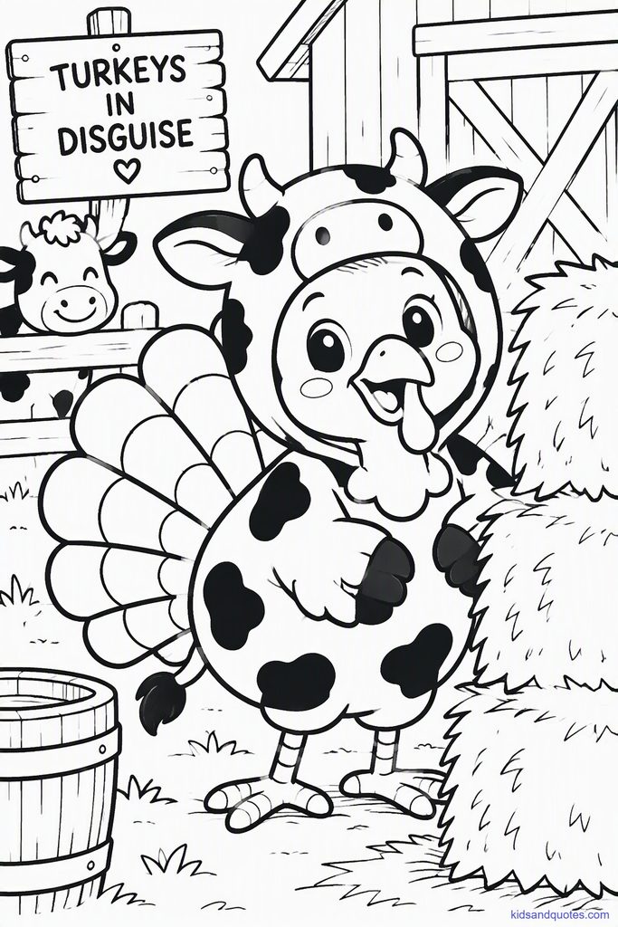 Thanksgiving coloring page of a turkey hiding in a barnyard dressed as a cow, a classroom favorite.