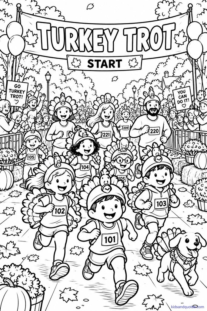 Coloring page of a crowd of kids and families jogging a fun run in turkey hats and costume tail feathers, with a "Turkey Trot" start banner and a cheering crowd along the route.