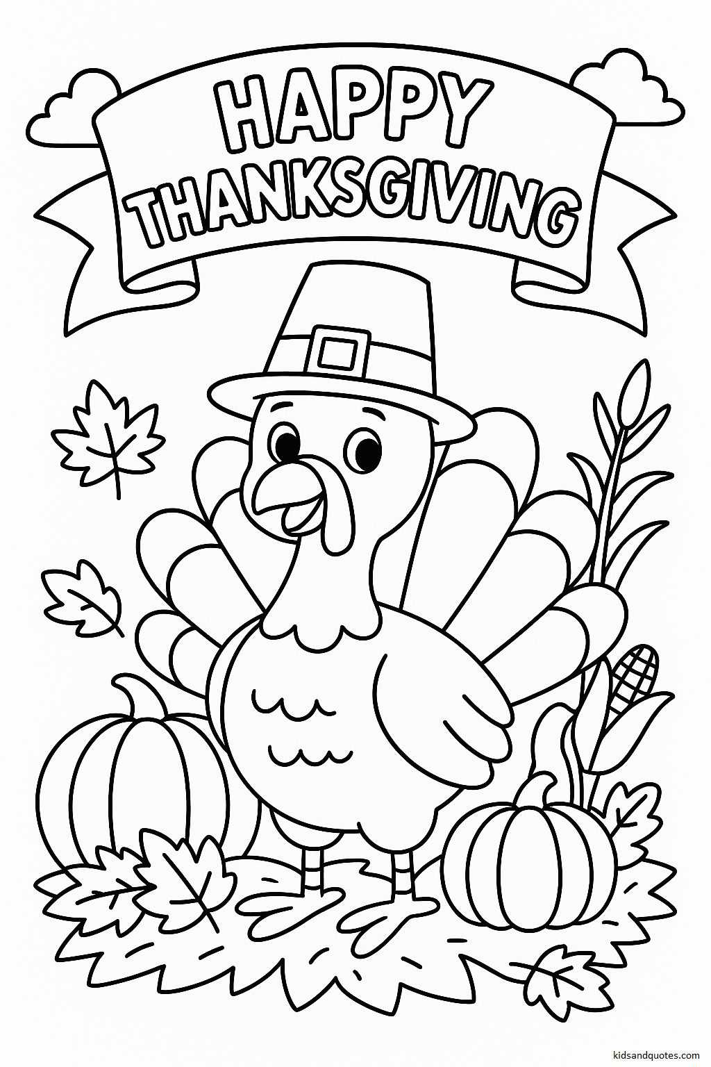 A cheerful turkey with wide feathers proudly wearing a pilgrim hat and standing on a bed of fall leaves, surrounded by pumpkins, corn stalks, and a “Happy Thanksgiving” banner.