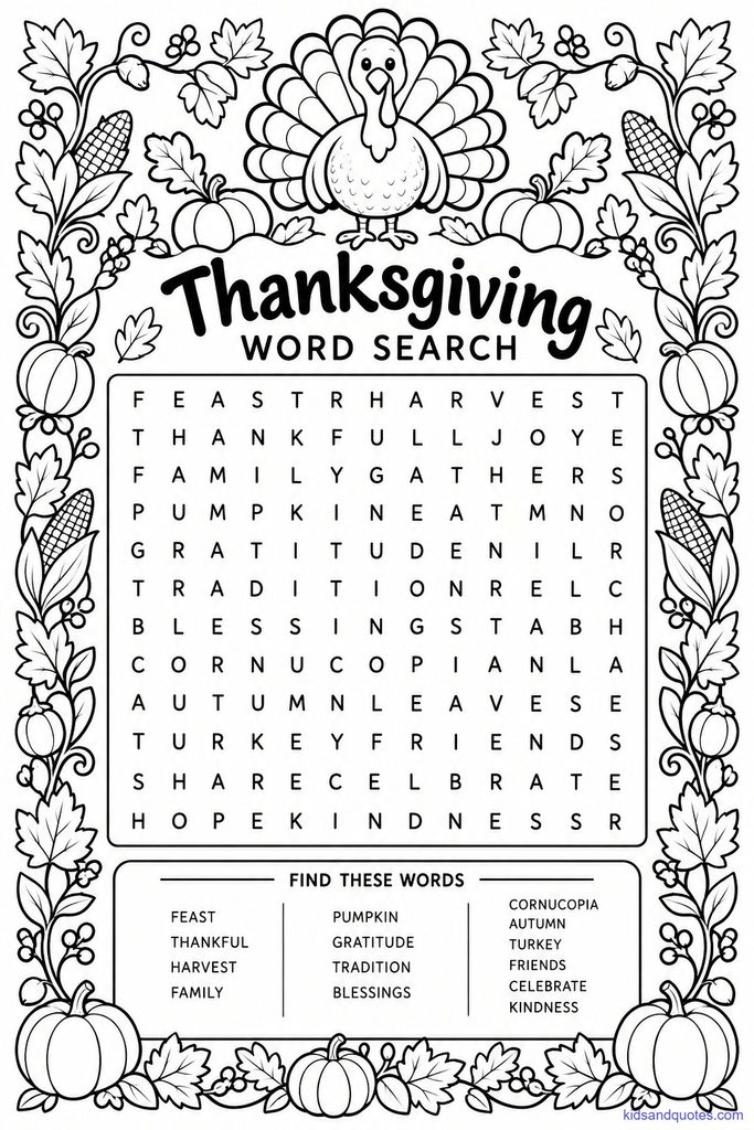 Thanksgiving word search activity printable.