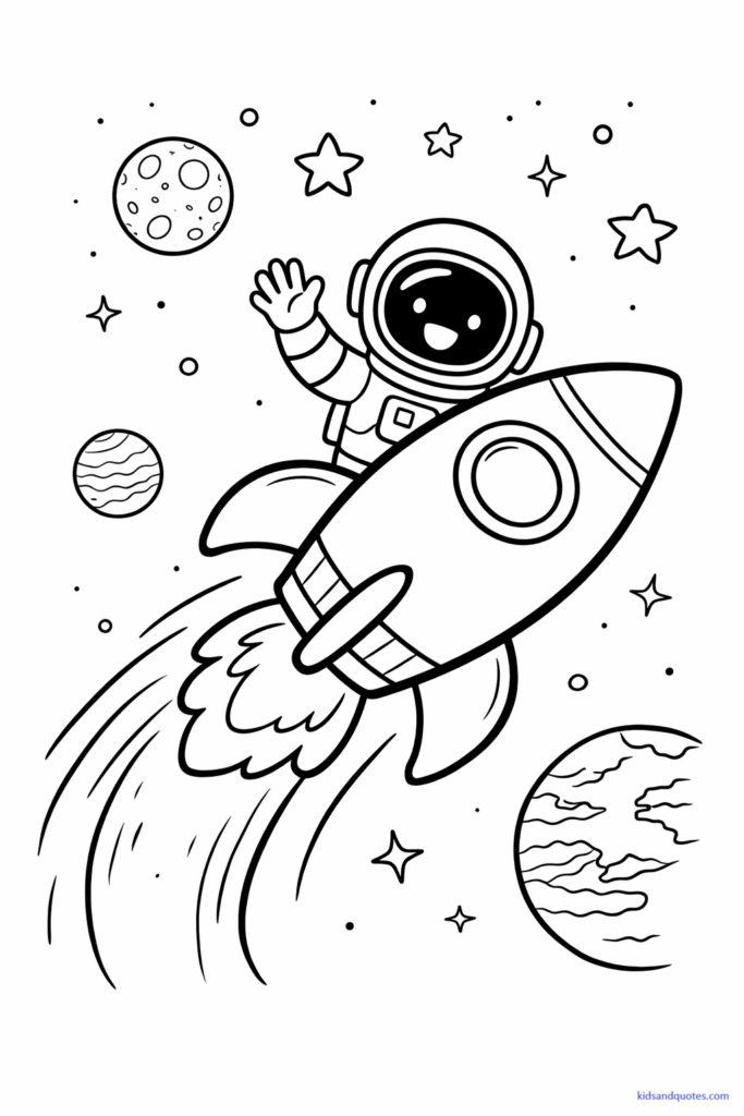 Coloring Page: Black-and-white line art of a friendly astronaut riding inside a rocket or waving from a window. Stars and small planets in the background. Kid-friendly astronaut design with simple suit details.